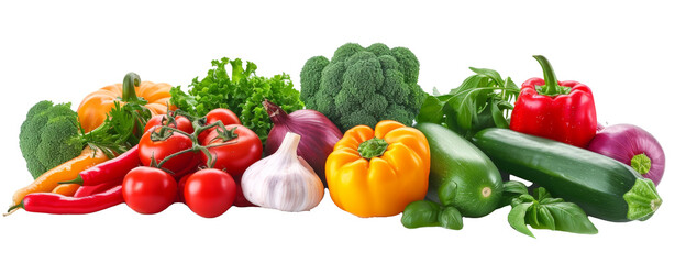 Set of various vegetables(tomato, pepper, carrot, cucumber etc) isolated on transparent background. Cutting out dessert elements. Top view high quality PNG.