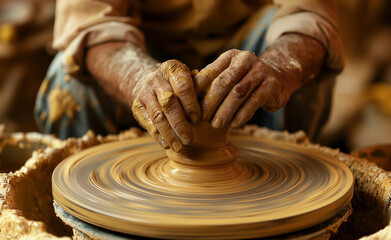 Fototapeta premium A pottery workshop in action. Pottery and ceramics workshop with a focus on a potter’s hands molding a clay vessel on a spinning wheel.