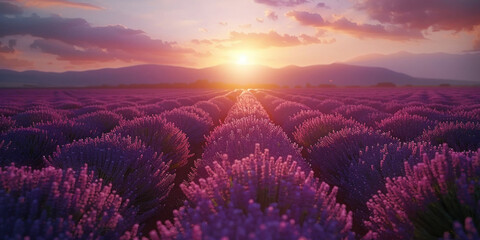 Idyllic Sunset View of Lavender Field with Majestic Mountains in Background in 3D Rendering