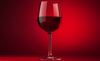 Red wine glass filled with wine, placed against a deep red backdrop.