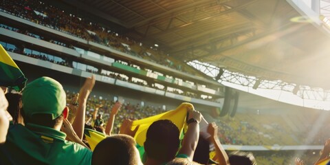 Soccer fans supporters with yellow and green flags in busy crowd of people at football match in sports stadium