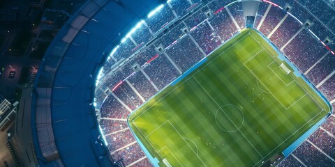 Aerial drone view of modern football soccer pitch sports stadium ground at night lights