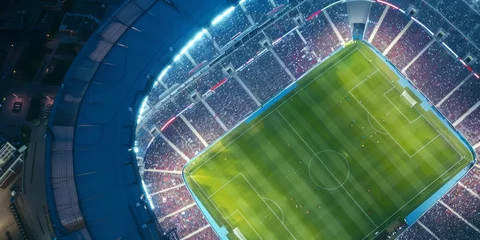 Peel and stick wall murals Aerial drone view of modern football soccer pitch sports stadium ground at night lights