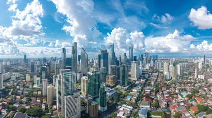 Fototapeta premium Aerial view of the city center with skyscrapers reaching for the sky, showcasing the capital's status as a thriving business hub.