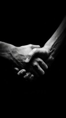 A minimalist depiction of a handshake, with just the hands visible against the black, highlighting the simplicity and power of the gesture.