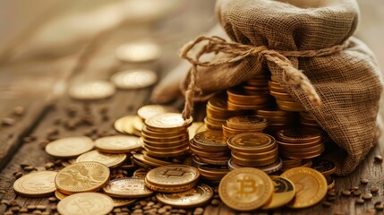 Coins in a bag on a wooden table. Business and finance.