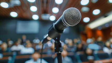 Speaking concept highlighted by a close-up of a microphone in hand, blurred background of an occupied seminar room, studio-lit for clarity