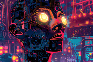 Colorful cybernetic face with glowing eyes and intricate mechanical details in a vibrant futuristic cityscape