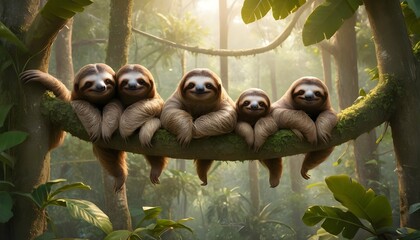 A family of sloths lounging in the treetops