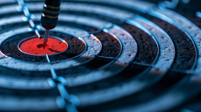 Sharp image of a dart in the bullseye, close-up to emphasize the concept of hitting the target, set against an isolated background