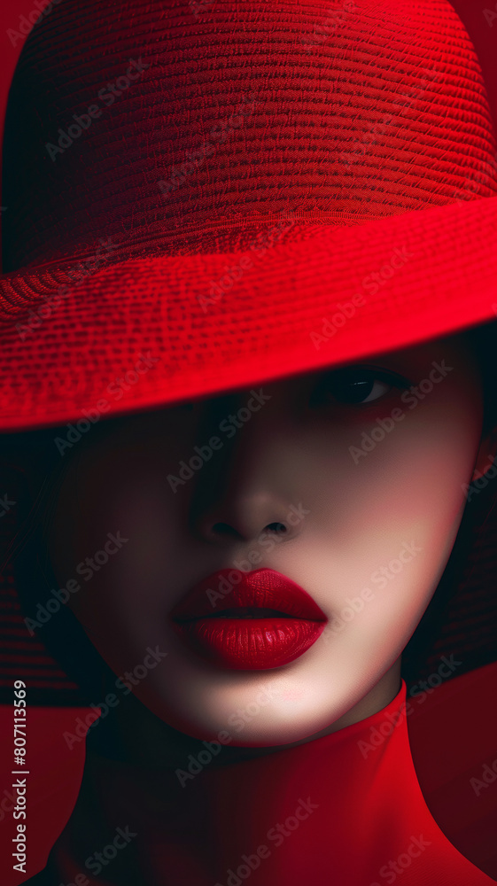 Wall mural A woman wearing a red hat and red lipstick