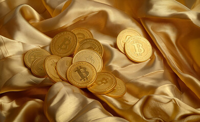 Luxurious Display of Gold Coins on Satin Cloth