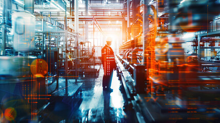 A factory worker overlaid with machinery and production lines, symbolizing the integral role of human labor in industrial manufacturing
