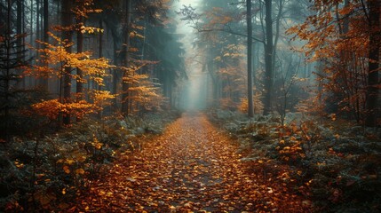 Surrounded by foggy, blue-toned autumn trees, a serene and mystical scene depicts a forest path covered with vibrant orange leaves.
