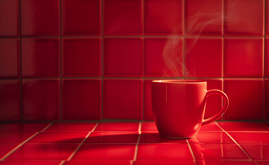 Red Mug on Ceramic Tile Red Background