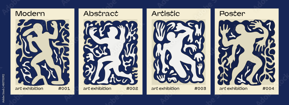 Poster set of minimal posters with simple stylized illustrations of people and botanical motifs.