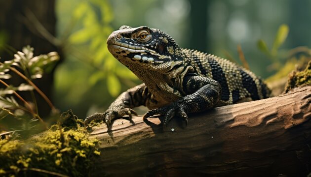 A detailed view of a Tegu Lizard perched on a tree branch in its natural habitat