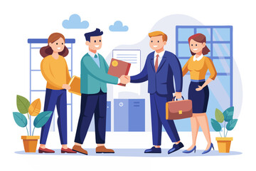 Onboarding new employee warm welcome to new office introduce new hire to colleagues orientation training on first day concept businessman manager handshake welcome and introduce new staff to team