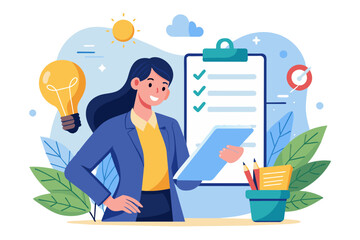 Survey or feedback opinion checklist of completion or questionnaire form evaluation or assessment review checkbox clipboard concept businesswoman complete survey with lightbulb pencil modern flat