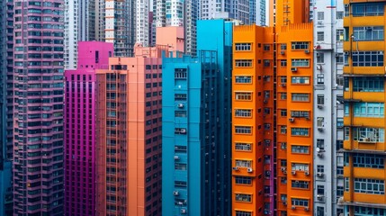 Obraz premium Intense colors of skyscraper exteriors in a bustling city, close-up on the variety of patterns and textures, vivid city life