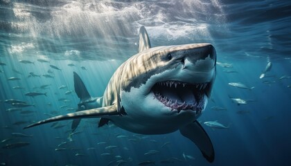 Fototapeta premium A Great White Shark with its jaws wide open, revealing rows of sharp teeth, swimming in the ocean