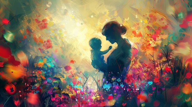 Abstract digital painting, where splashes of color and light capture a moment of joy and togetherness between a mother and her child.