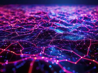 Obraz premium A neon blue and pink digital wave flowing through a vibrant network of interconnected dots and lines on a dark canvas.