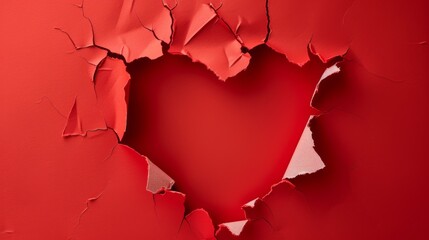 Red paper heart. Torn hole in red paper in the shape of a heart. Love and Valentine's Day concept