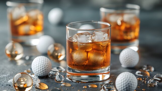 Elegant whiskey on the rocks with golf theme backdrop