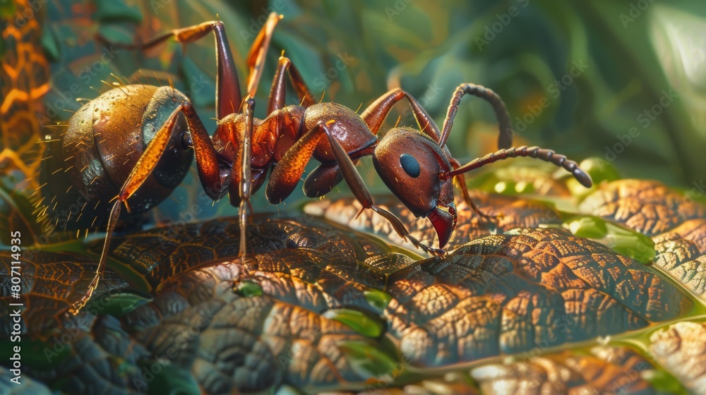 Poster An ant exploring the textured surface of a leaf, its antennae quivering as it searches for food and navigates its environment.