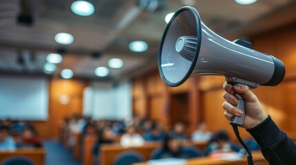 Hand holding a megaphone with intentional focus, set against a softly blurred photo of a seminar room, isolated background for clarity