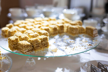 sweet delicious desserts in a restaurant on a buffet table