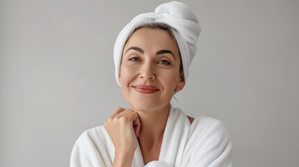Cheerful pretty gorgeous beautiful middle aged woman with perfect skin care standing in the hotel against neutral background after spa procedures smiling at camera