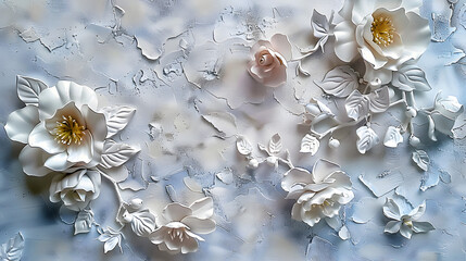 Light decorative texture of plaster wall with volumetric decorative flowers. AI