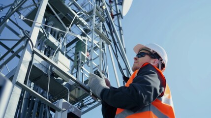 Fototapeta premium An engineer conducting a safety inspection on a signal tower, ensuring compliance with regulations and standards for telecommunications infrastructure.