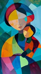 An abstract representation of a mom and child, intertwined shapes and vibrant colors conveying their deep connection and love.