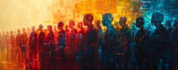 An abstract painting of a crowd with faces replaced by various economic indicators, highlighting the human aspect of economic changes