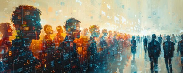 An abstract painting of a crowd with faces replaced by various economic indicators, highlighting the human aspect of economic changes