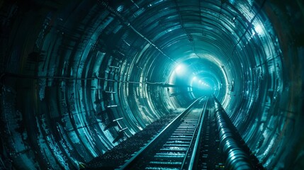 A claustrophobic subway tunnel with a single light source casting eerie shadows, suggesting danger and urgency lurking in the darkness - obrazy, fototapety, plakaty