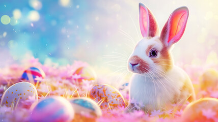 Fantasy and colorful cute rabbit and easter eggs background Easter Festival concept