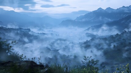 Fototapeta premium Misty Mountain Vistas Beckon Adventurous Explorers into Ethereal Wilderness Landscapes