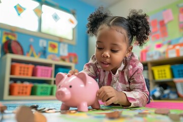 Young Black Girl Curiously Counting Money in Pink Piggy Bank at Colorful Classroom with Copy 