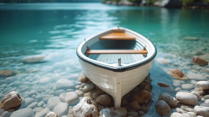 Serene rowboat on clear lake with pebble shore