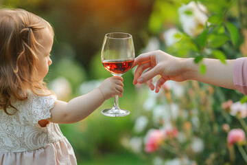 Drinking problem image of a small child giving glass of wine to her mother's hand, green garden background with copy space