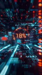 Obraz premium An engaging 3D render of a HUD, where the forefront numbers and letters of the loading percentage are styled in a bold illustrator font, glowing against a complex digital background.