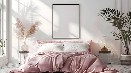 Elegant Minimalist Bedroom with Pink Velvet Headboard and Black Picture Frame