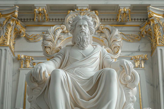 Zeus sits on his throne in a pantheon of the gods