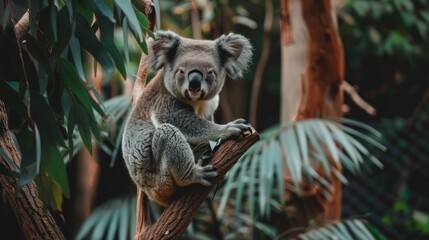 Obraz premium Koala Bear Sit On The Branch of the tree and eat leaves 4K Wallpaper.