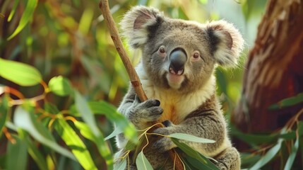 Koala Bear Sit On The Branch of the tree and eat leaves 4K Wallpaper.