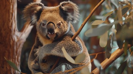 Obraz premium Koala Bear Sit On The Branch of the tree and eat leaves 4K Wallpaper.
